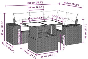 5 pcs conjunto sofás de jardim com almofadões vime PE preto