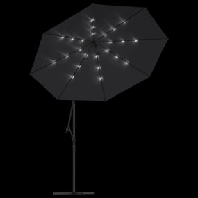 Guarda-sol cantilever c/ luzes LED e poste de aço 300 cm preto