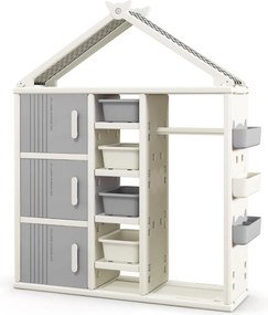 Guarda roupa para crianças, infantil 130 x 34 x 156 cm com caixa, prateleiras e cesto lateral Cinzento