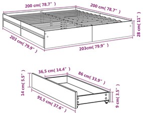 Estrutura de cama c/ gavetas 200x200 cm derivados madeira preto