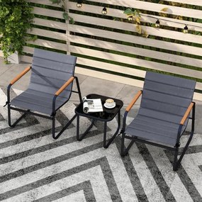 Conjunto de jardim de 3 peças, mesa de centro de vidro temperado e 2 Cadeiras com almofadas cinza