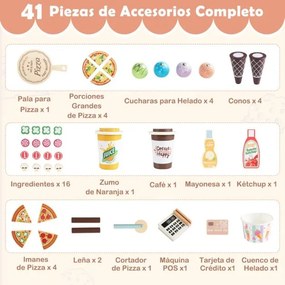 Carrinho de comida infantil em madeira 82 x 33 x 88 cm com forno, quadro magnético, gelataria, máquina de pagamento, tenda móvel com rodas, 3+ anos, r