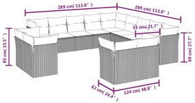 13 pcs conj. sofás jardim c/ almofadões vime PE cinzento-claro