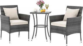 Conjunto de jardim de 3 peças de rattan PE com almofadas e mesa em vidro temperado para varanda, jardim, relvado, pátio cinzento e Bege