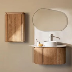 Conjunto De Móvel De Casa De Banho Suspenso 90x50 Cm Em Madeira Carsone Madeira Natural & Madeira Natural & Cerâmica Redonda Branca Ø40 - Sklum