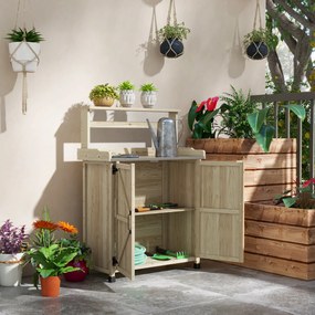 Bancada de Jardinagem, mesa de jardinagem, armário, prateleiras e tabuleiro com patins antiderrapantes, 90,5 x 41 x 124,5 cm, madeira natural