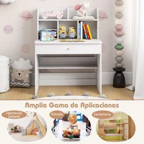 Secretária para crianças com prateleira, gaveta e estante aberta 80 x 48 x 102 cm, branca
