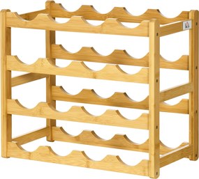 Garrafeira em bambu com 4 níveis, capacidade para 16 garrafas, 43 x 23,5 x 38 cm, madeira natural