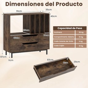 Suporte para gira-discos e para discos de vinil 91 x 36 x 87 cm com compartimento aberto 4 prateleiras e 2 gavetas e pés de metal castanho
