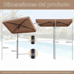 Guarda-sol retangular 200 x 130 cm para terraço exterior com inclinação bidirecional de 30°, bolsa de transporte e enfeites para pátio, piscina e