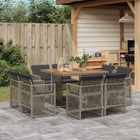 vidaXL 9 pcs conjunto de jantar p/ jardim c/ almofadões vime PE cinza