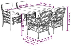 5pcs conj. jantar jardim c/ almofadões vime PE bege misturado