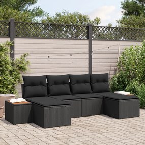 Conjunto de Sofá de Jardim de 6 Peças com Almofadas Pretas de Rattan P