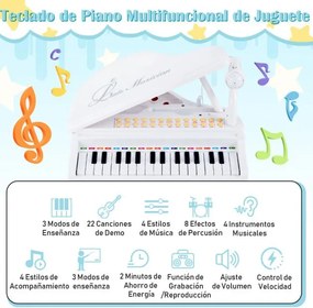 Piano eletrónico para crianças de 31 teclas com banco portátil com microfone LED 35 x 30 x 55 cm Branco