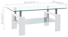 Mesa de centro 95x55x40 cm branco vidro temperado transparente