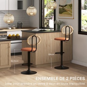 Conjunto de 2 bancos de bar com altura ajustável 40,5 x 52 x 92-113,5 cm, encosto em rattan e apoio para os pés, castanho