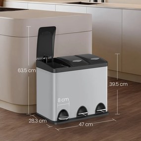 Caixote do lixo para cozinha 3 compartimentos x 8 L, 47 x 28,3 x 39,5 cm cinzento + preto