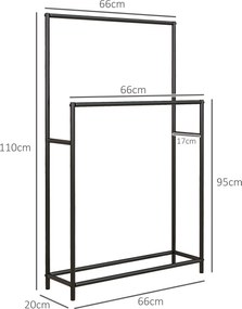 Toalheiro de pé com 2 prateleiras em metal para a casa de banho, 66 x 20 x 110 cm, preto