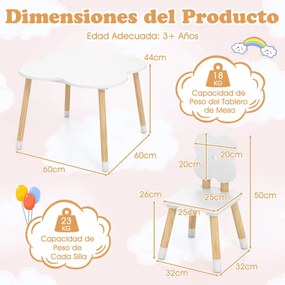 Conjunto de Mesa Flor com Jogo e Atividades em Madeira e 2 Cadeiras Infantis em Pinho Maciço para Crianças com mais de 3 anos Branco e Natural