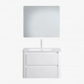 Conjunto De Móvel De Casa De Banho Suspenso 80x50 Cm Em Madeira Com Lavatório Integrado Egerton Branco & Led Retangular E Anti-embaciamento - Sklum