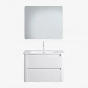 Conjunto De Móvel De Casa De Banho Suspenso Em Madeira Com Lavatório Integrado Egerton Branco & Led Retangular E Anti-embaciamento 80x70 Cm - Sklum