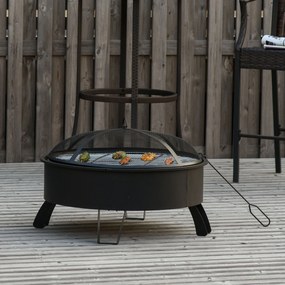 Outsunny Braseiro externo Ø76 cm 2 em 1 com grade de cozinha Grelha de churrasco Póquer de fogo com tampa de malha preto