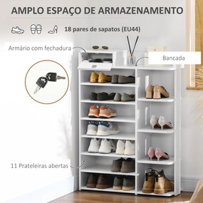 HOMCOM Sapateira de Madeira Móvel para Sapatos com 11 Prateleiras Abertas para 18 Pares de Sapatos e Armário com Fechadura para Corredor Entrada 80x27x112 cm Branco