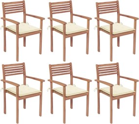 vidaXL Cadeiras de jardim empilháveis c/ almofadões 6 pcs teca maciça