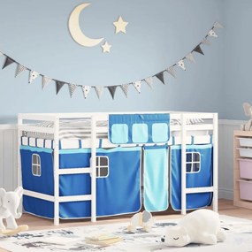 vidaXL Cama alta p/ criança c/ cortinas 90x190 cm pinho maciço azul