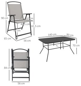 Conjunto de Refeição de 7 Peças com 6 Cadeiras Dobráveis e Mesa com Orifício para Chapéu de Sol para Terraço Exterior Cinza