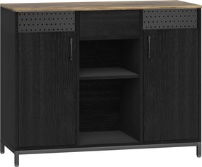 HOMCOM Aparador de 2 Portas com Orifícios 2 Compartimentos e Gaveta Prateleiras Ajustáveis 100x40x80 cm Preto e Castanho Rústico | Aosom Portugal