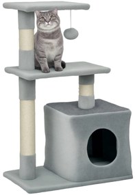 PawHut Arranhador para Gatos 50x30x81,5 cm Centro de Múltiplas Atividades para Gatos com Poste de Sisal Plataformas Caverna e Bola Suspensa Cinza