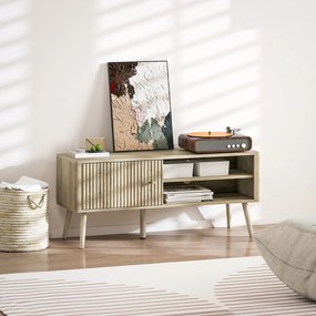 Móvel de TV para Televisão até 55 Polegadas com Porta Acanalada Prateleira Ajustável Compartimentos Abertos 115x35x49 cm cor  Carvalho