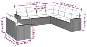 9 pcs conj. sofás jardim com almofadões vime PE cinzento-claro