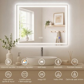 Espelho de Casa de Banho LED Bluetooth, 90 x 3,5 x 70 cm, Antiembaciamento, Prateado