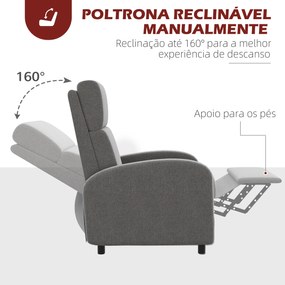Poltrona Relax Reclinável até 160° Poltrona Reclinável Manual com Apoio para os Pés 64x86x102 cm Cinza
