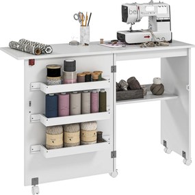 Mesa de costura dobrável 59 C x 40 P x 79,5 A cm (dobrada), móvel de costura com aba, caixas de arrumação, prateleira aberta e Rodas, branca