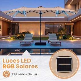 Guarda-sol Duplo Retangular de Exterior com base, 370 x 200 cm, 108 Luzes LED, Bege
