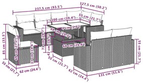 9 pcs conjunto de sofás p/ jardim com almofadões vime PE bege