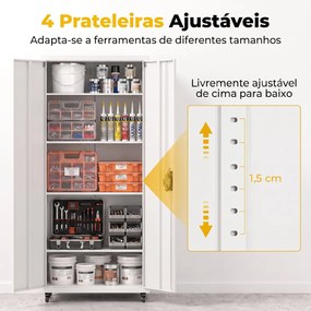 Armário de Ferramentas em Aço 180 cm com Rodas Amovíveis Prateleiras Ajustáveis e Carga até 250 kg para Garagem Branco
