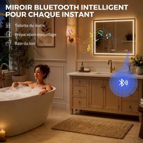 Espelho de Casa de Banho LED Bluetooth, 90 x 3,5 x 70 cm, Antiembaciamento, Prateado