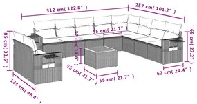 11 pcs conj. sofás jardim c/ almofadões vime PE bege misturado