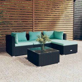 vidaXL 5 pcs conjunto lounge de jardim c/ almofadões vime PE preto