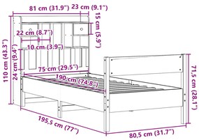 Cama com estante sem colchão 75x190 cm pinho maciço