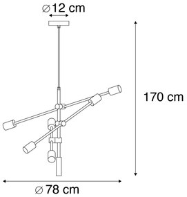 Candeeiro suspenso industrial preto e latão 78 cm 6 luzes - Sydney Industrial