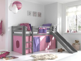 Conjunto Cama alta de Criança PINO 90 x 200 cm + estrado + escada + escorrega + cortina Bella Cinzenta