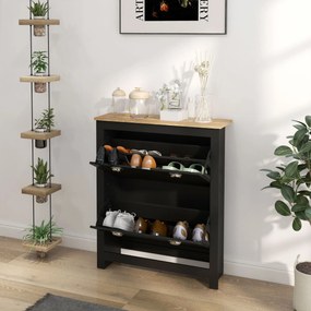 Sapateira com 2 portas basculantes 79 x 23 x 90,5 cm,, 2 compartimentos, puxadores em forma de concha em metal, preto e cor carvalho