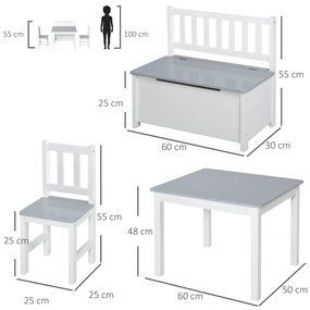 Conjunto Infantil de Mesa 2 Cadeiras e Banco com Armazenamento Móveis Infantil para Sala de Jogos  Branco e Cinza