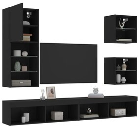vidaXL 5 pcs móveis de parede p/ TV c/ LEDs derivados de madeira preto