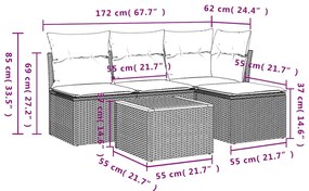 5 pcs conjunto sofás de jardim com almofadões vime PE preto